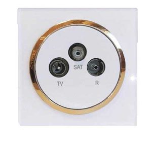 کلید پریز آوا پلکسی سفید زه طلائی / فیش آنتن مرکزی(مکانیزم +قاب+زه)