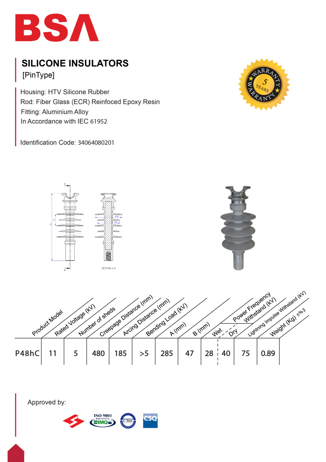 مقره سیلیکونی اتکایی سوزنی 11 کیلو ولت فاصله خزش 480 برند بسپار سازه الوند
