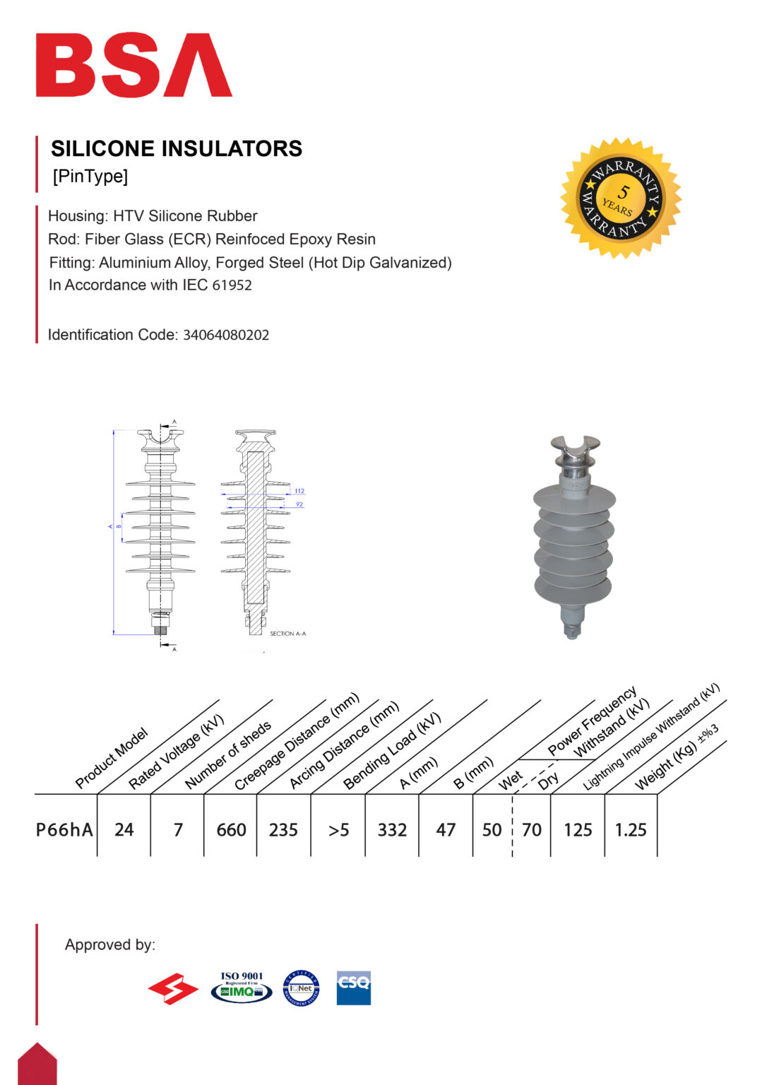 مقره سیلیکونی اتکایی سوزنی 24 کیلو ولت فاصله خزش 660 برند بسپار سازه الوند