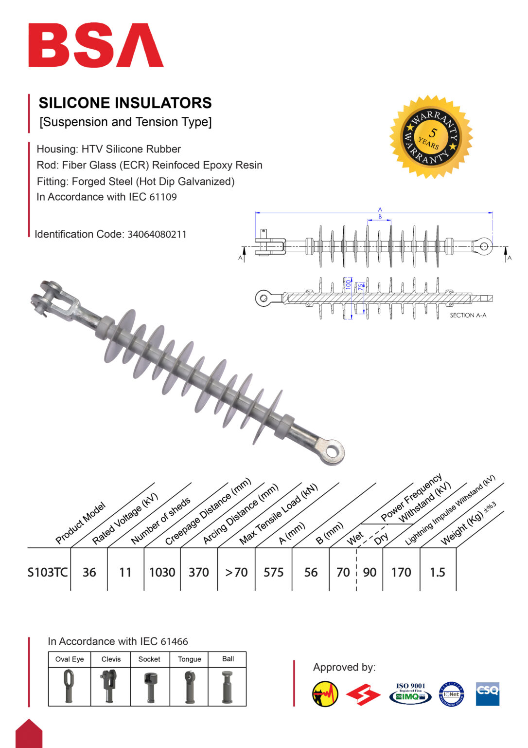 مقره سیلیکونی آویز کششی 36 کیلو ولت فاصله خزش 1030 برند بسپار سازه الوند