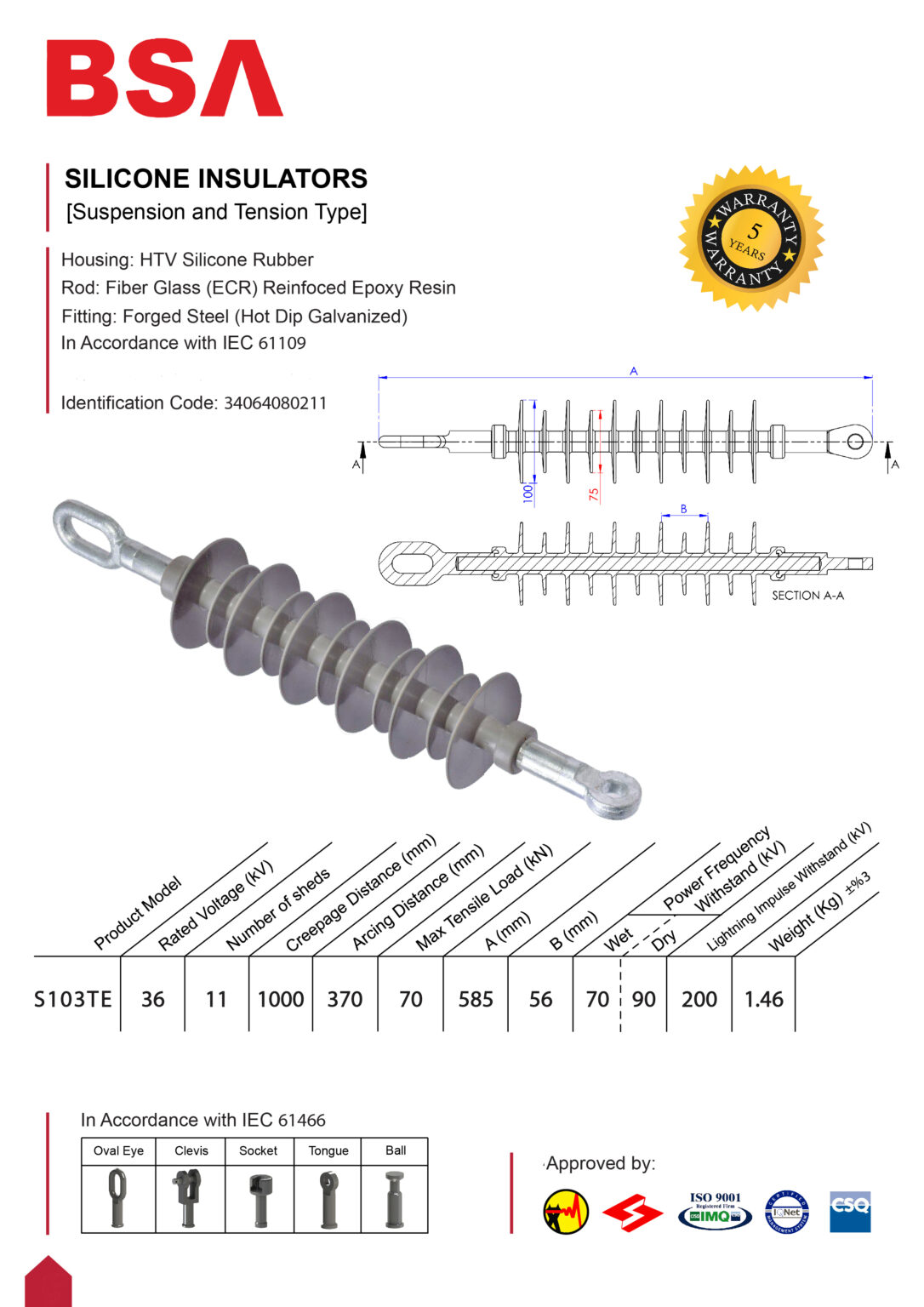 مقره سیلیکونی آویز کششی 36 کیلو ولت فاصله خزش 1000 برند بسپار سازه الوند