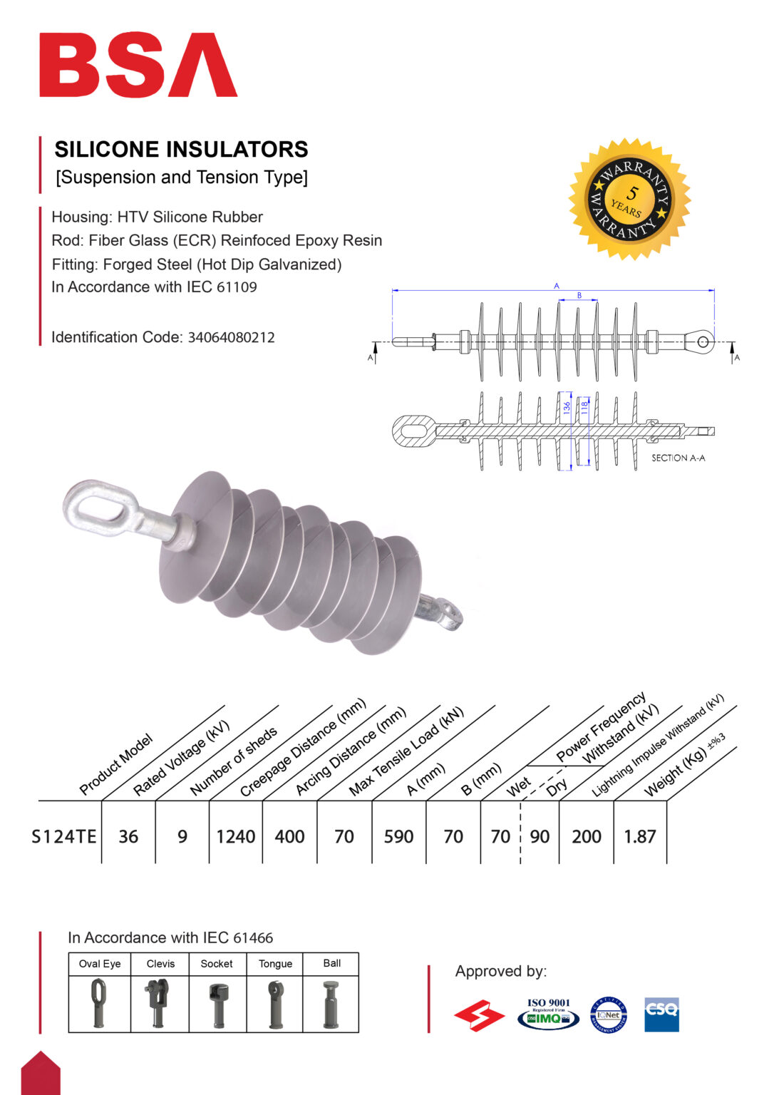 مقره سیلیکونی آویز کششی 36 کیلو ولت فاصله خزش 1240 برند بسپار سازه الوند