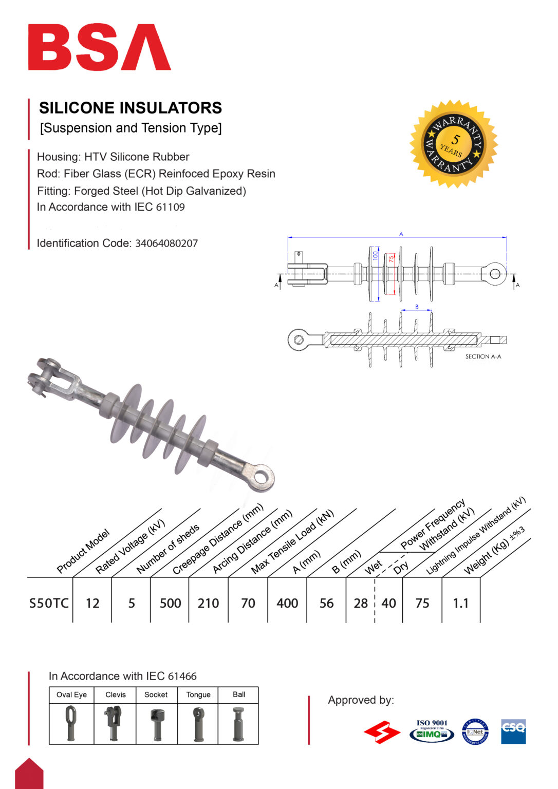 مقره سیلیکونی آویز کششی 12 کیلو ولت فاصله خزش 500 برند بسپار سازه الوند
