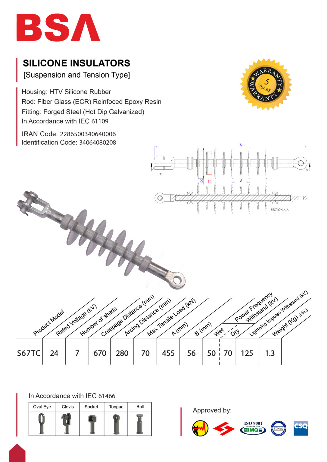 مقره سیلیکونی آویز کششی 24 کیلو ولت فاصله خزش 670 برند بسپار سازه الوند