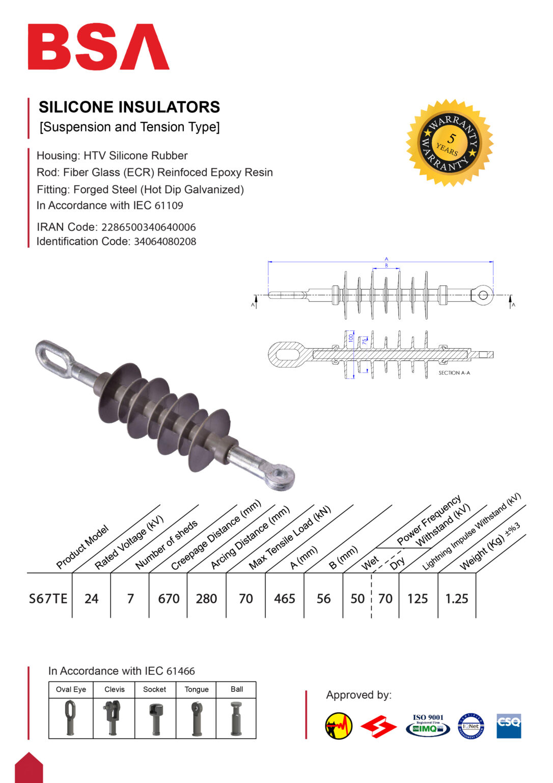 مقره سیلیکونی آویز کششی 24 کیلو ولت فاصله خزش 680 برند بسپار سازه الوند