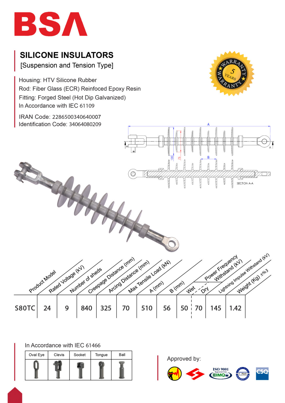 مقره سیلیکونی آویز کششی 24 کیلو ولت فاصله خزش 840 برند بسپار سازه الوند