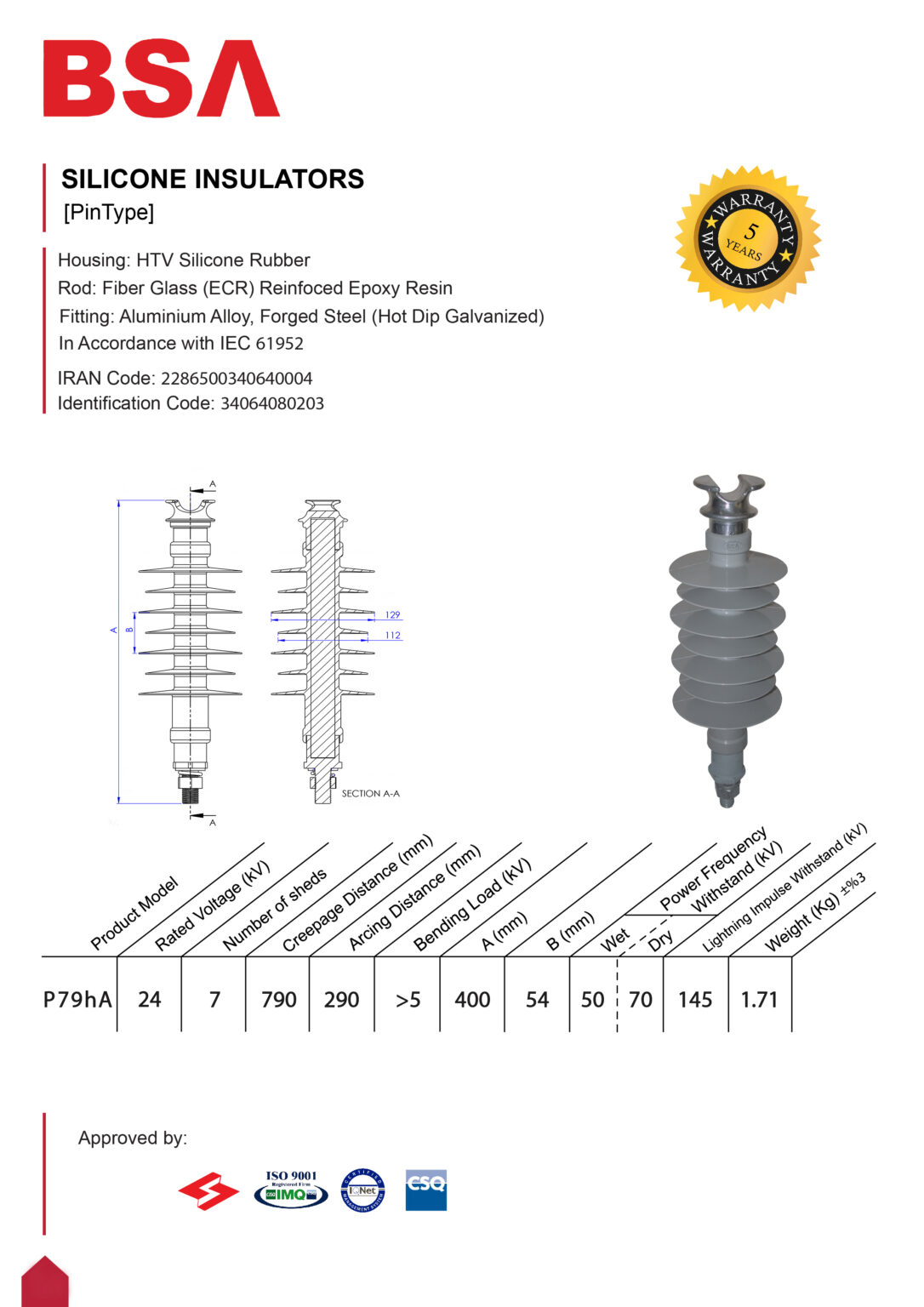 مقره سیلیکونی اتکایی سوزنی 24 کیلو ولت فاصله خزش 790 برند بسپار سازه الوند